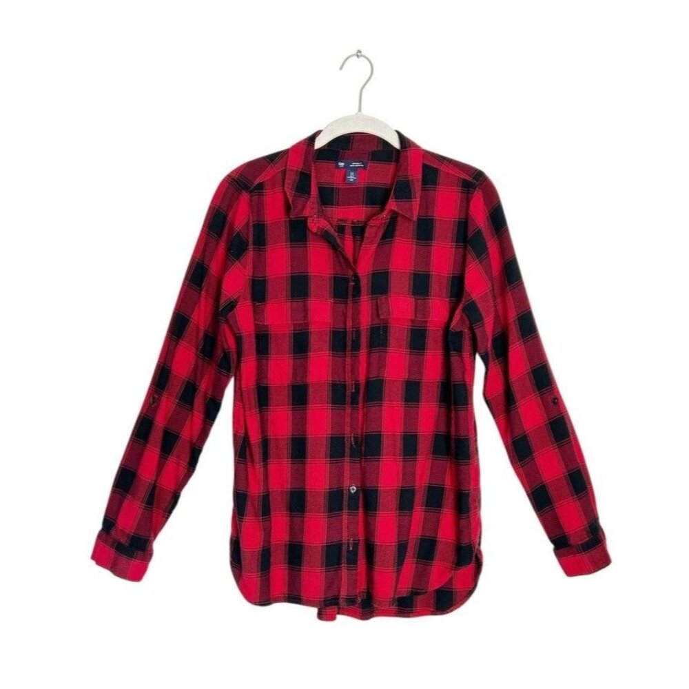 Gap Women's Boyfriend Fit Plaid Hi Lo Button Up Shirt in Red / Black - Sz S